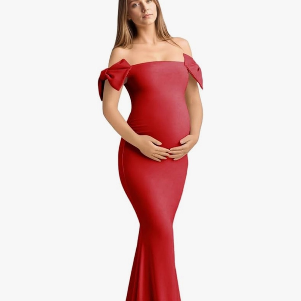 Red Off-Shoulder Maternity Gown with Bow Sleeves